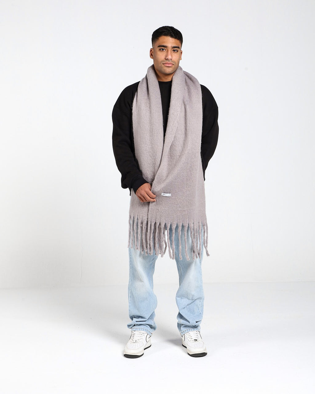 WIDE WOOL BLEND SCARF - GRAY