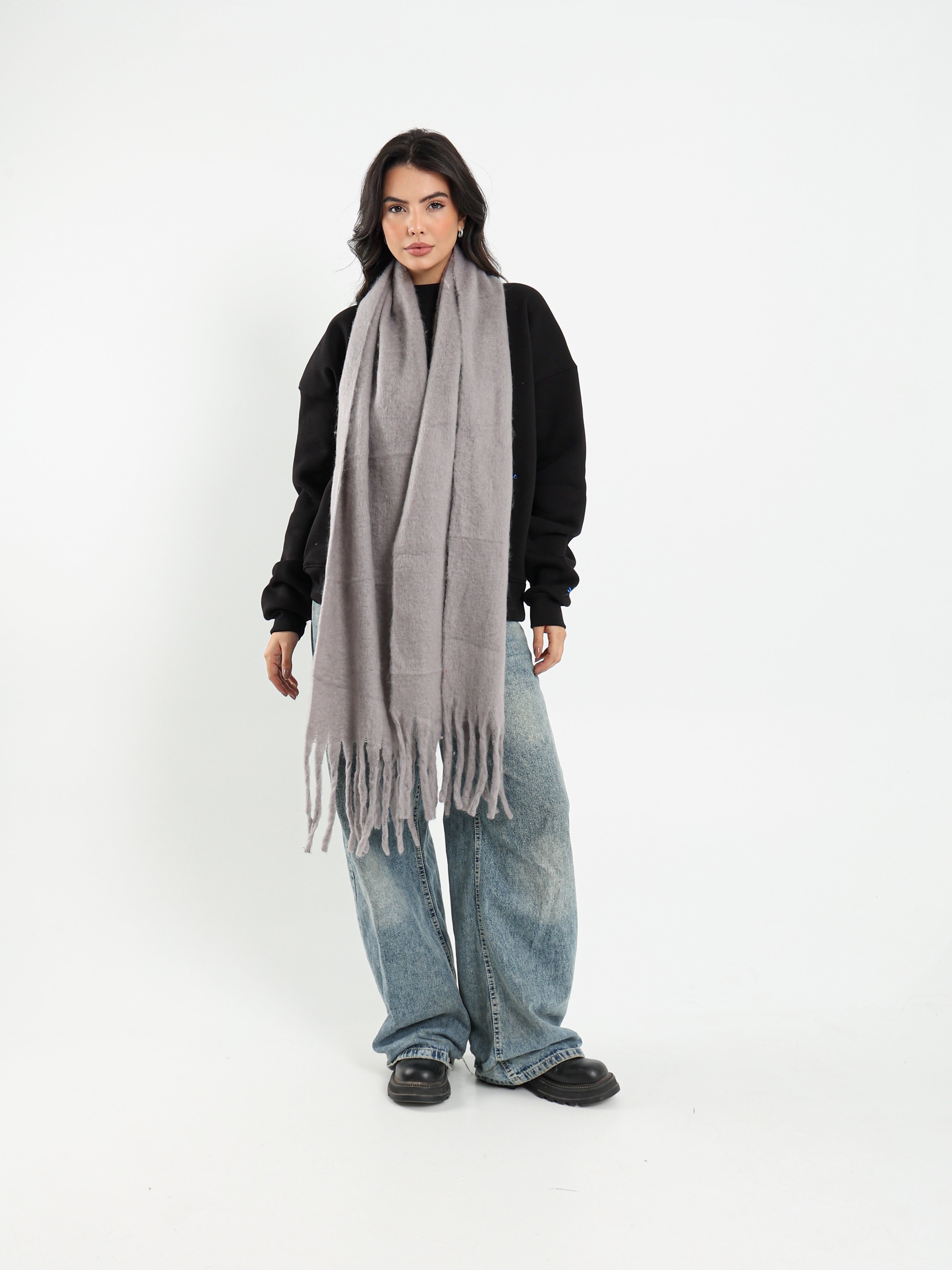 WIDE WOOL BLEND SCARF - GREY