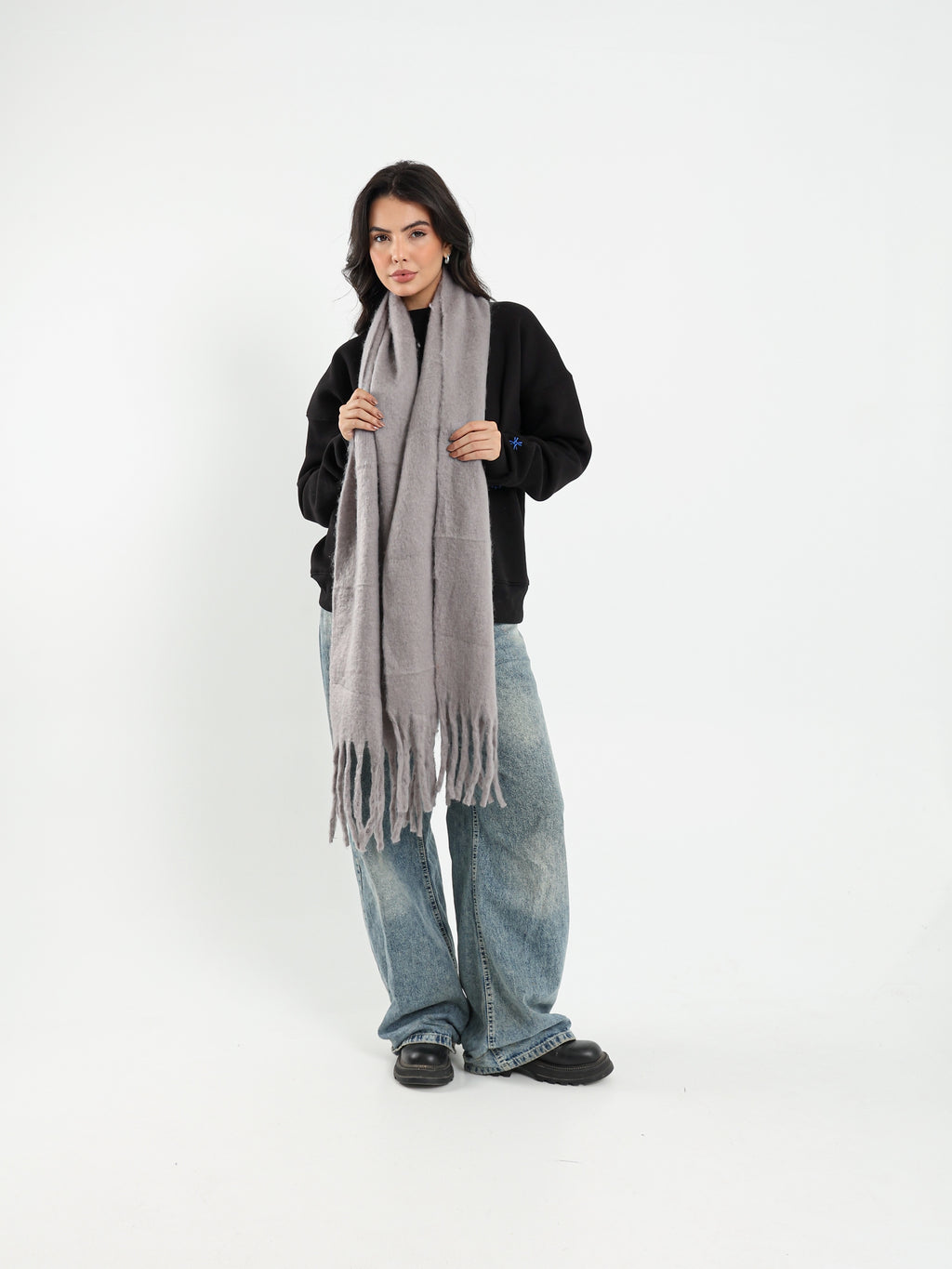 WIDE WOOL BLEND SCARF - GREY