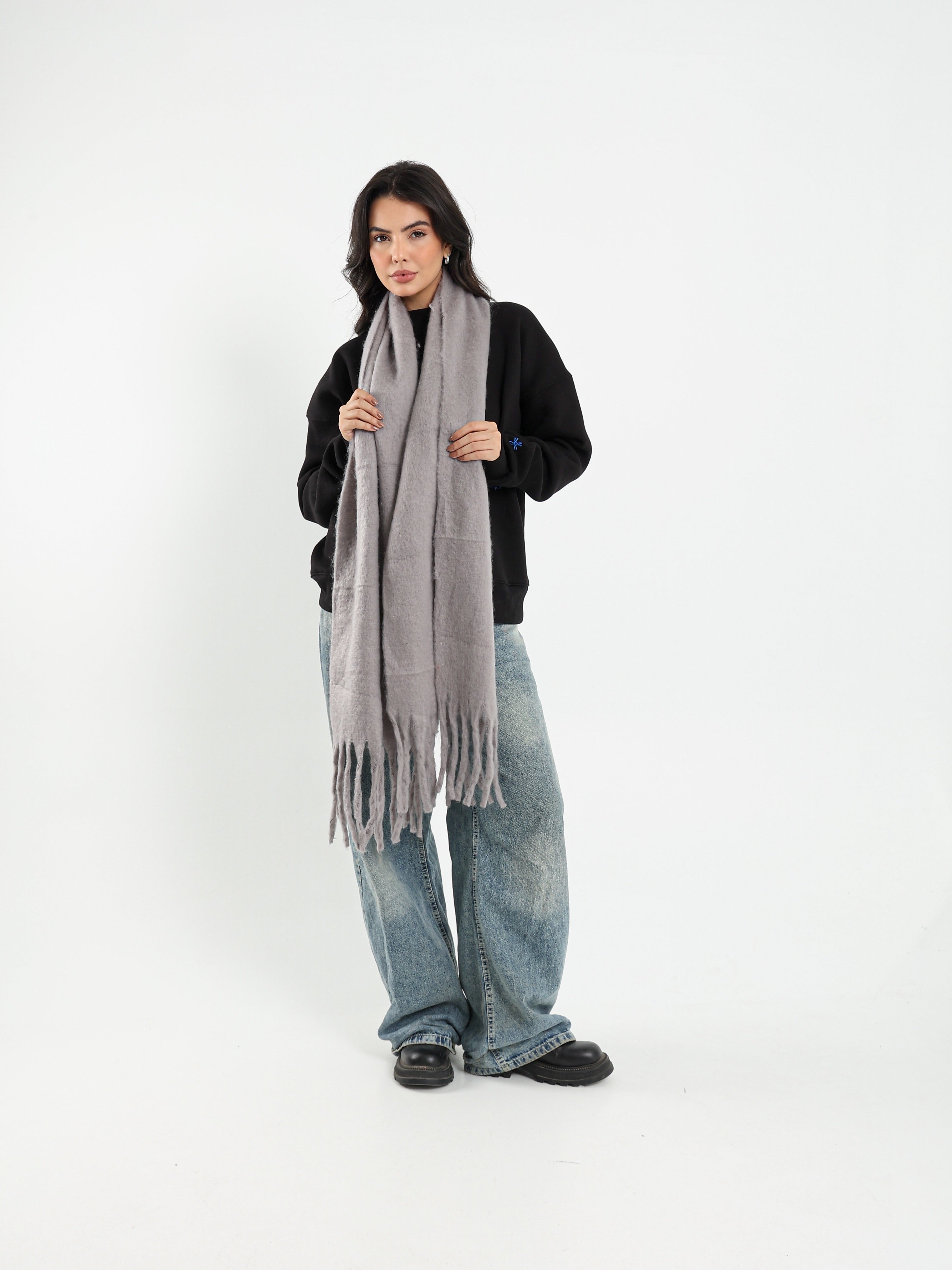 WIDE WOOL BLEND SCARF - GREY