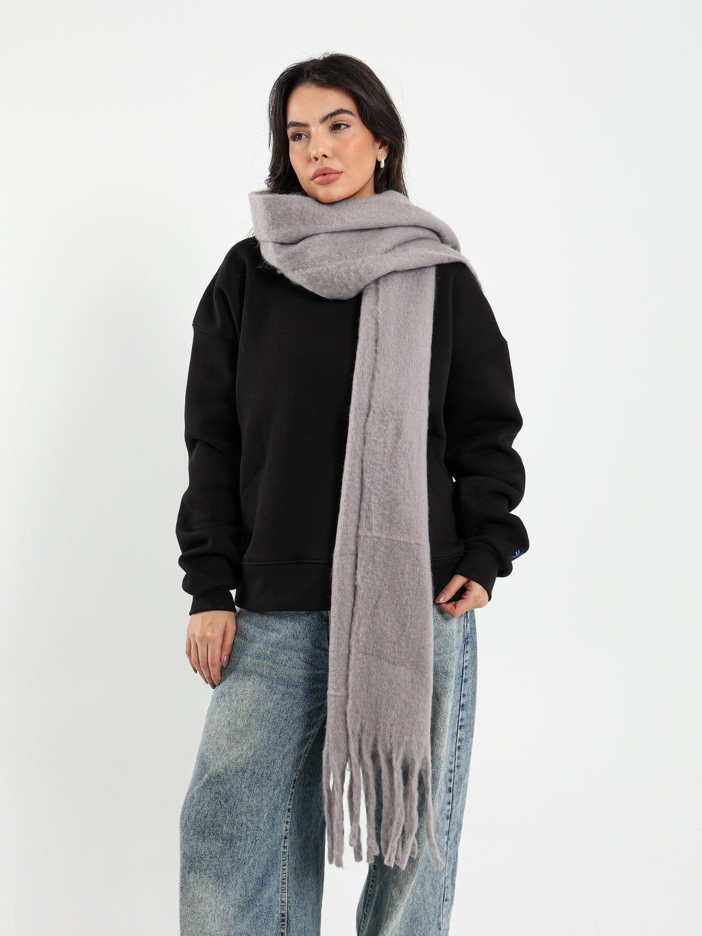 WIDE WOOL BLEND SCARF - GREY