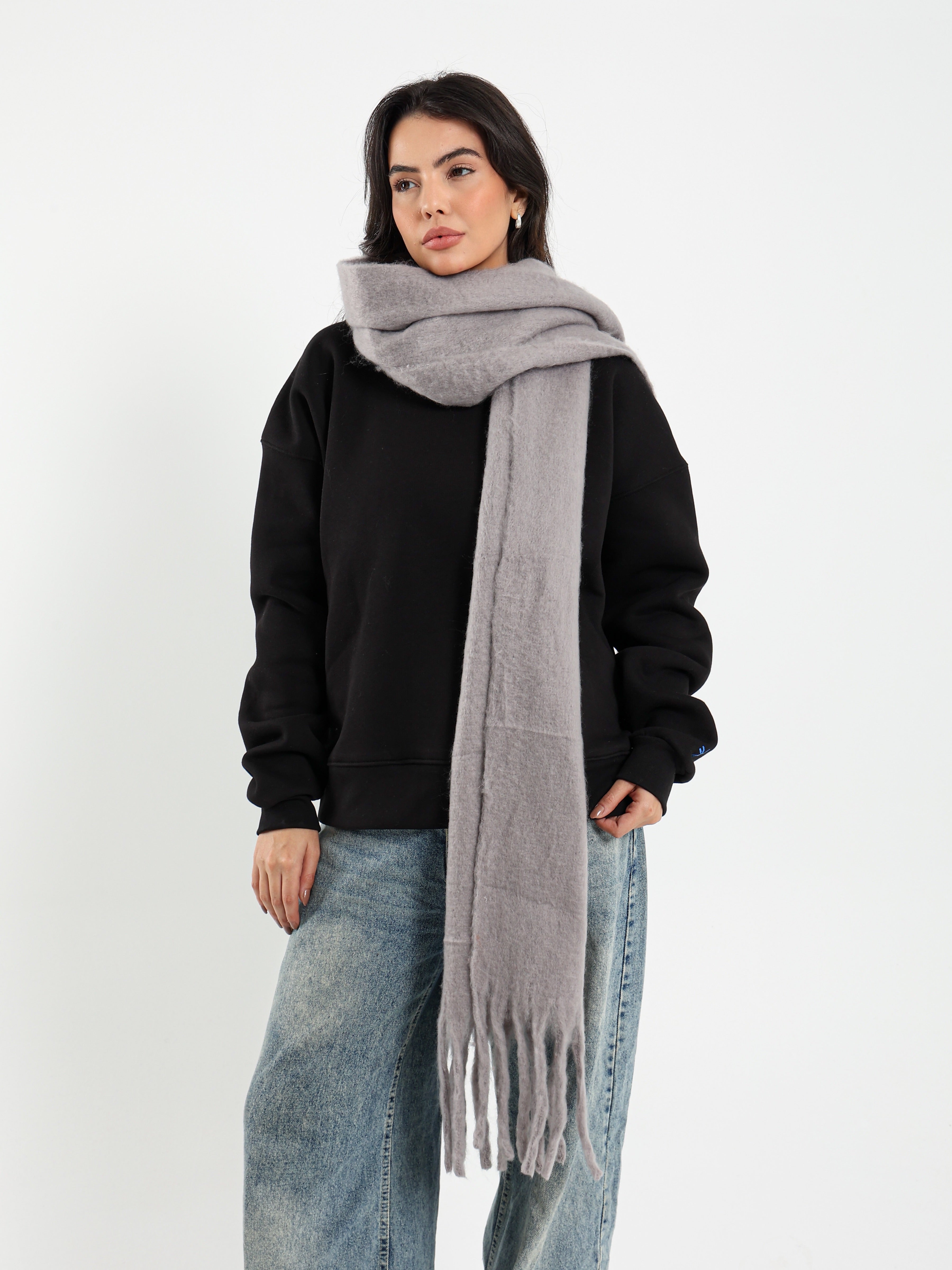 WIDE WOOL BLEND SCARF - GREY