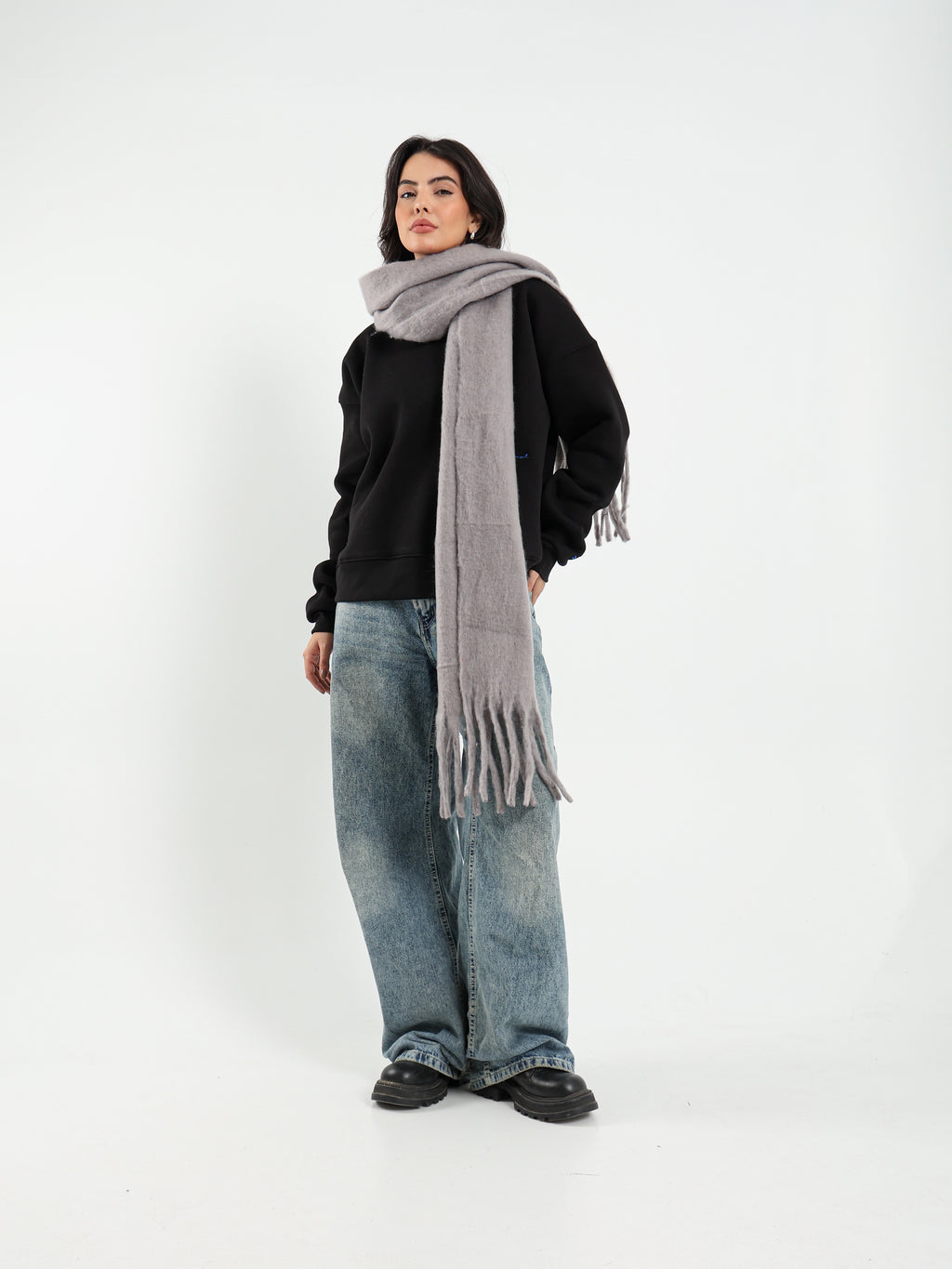 WIDE WOOL BLEND SCARF - GREY