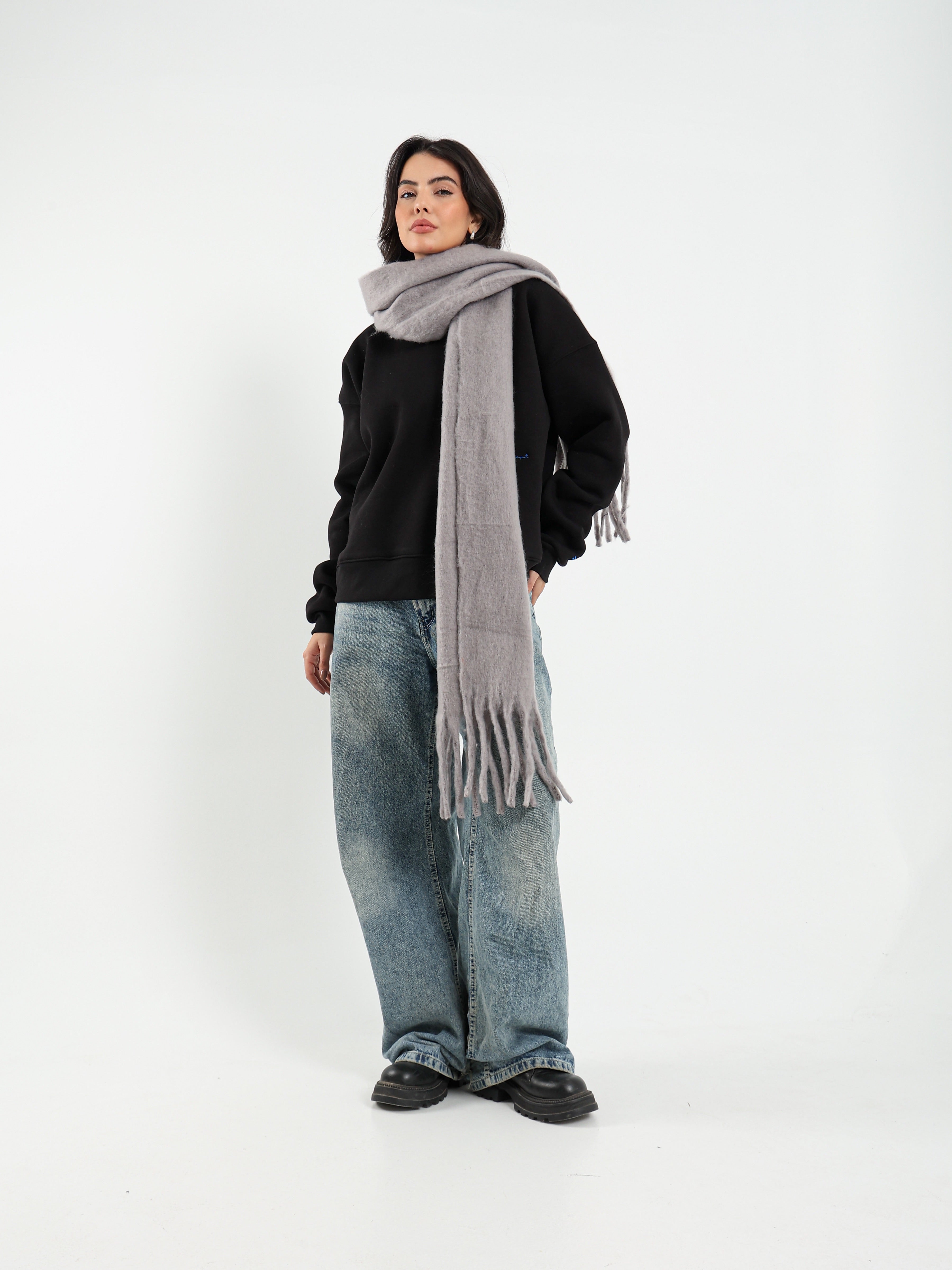WIDE WOOL BLEND SCARF - GREY