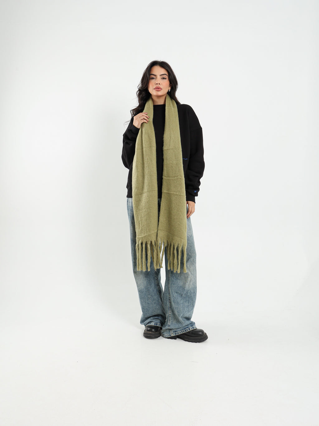 WIDE WOOL BLEND SCARF - OLIVE