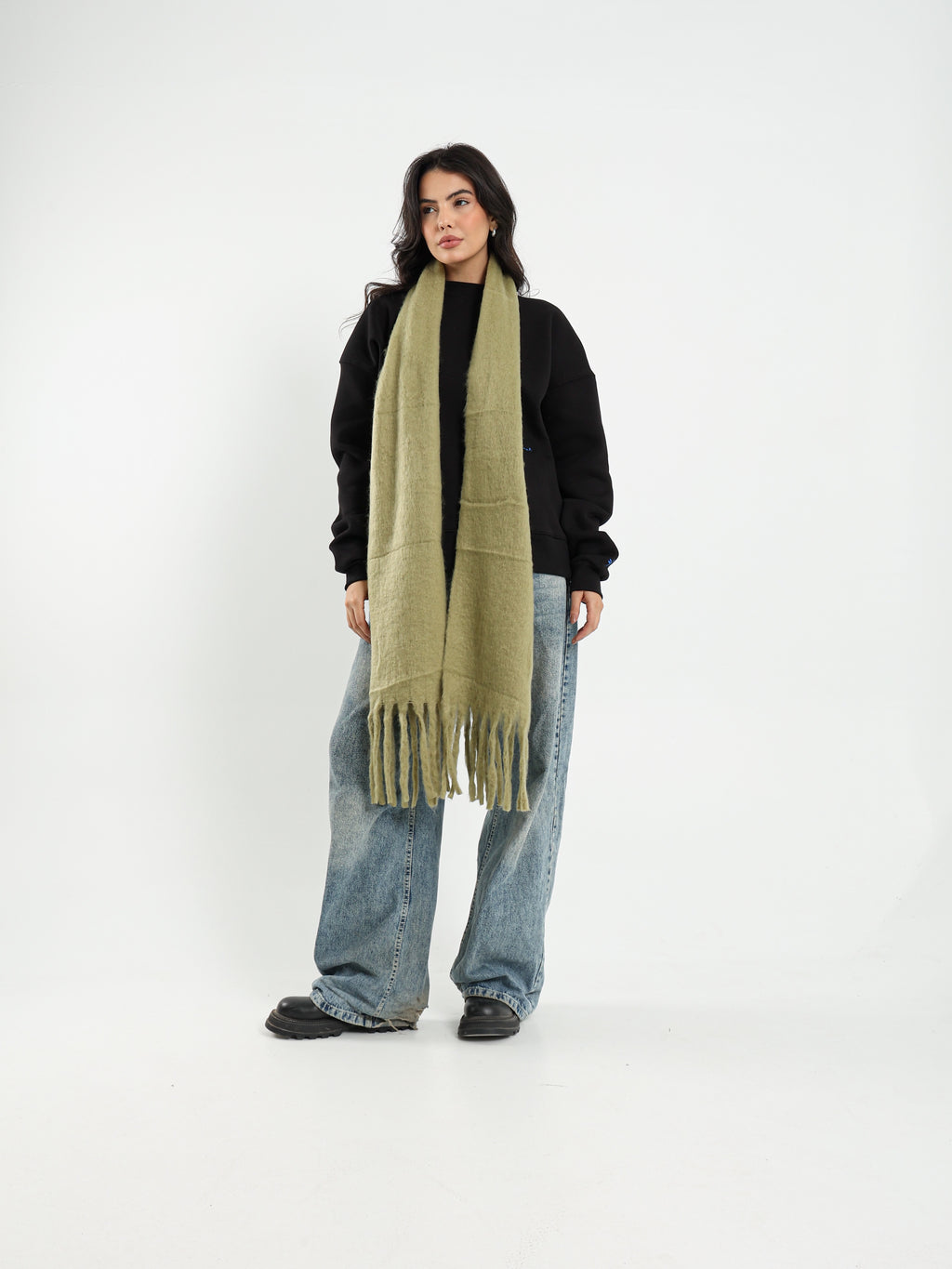 WIDE WOOL BLEND SCARF - OLIVE