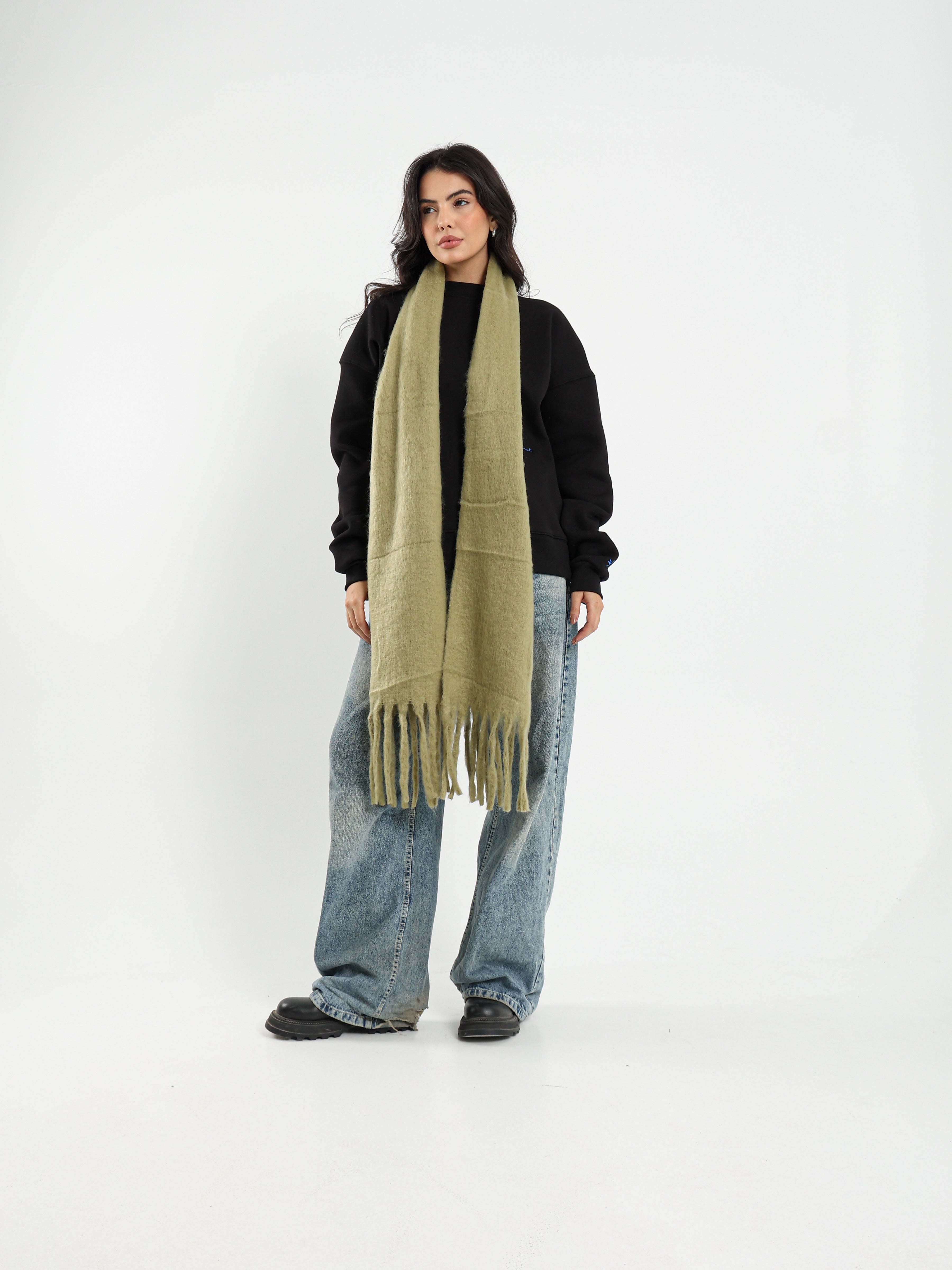 WIDE WOOL BLEND SCARF - OLIVE
