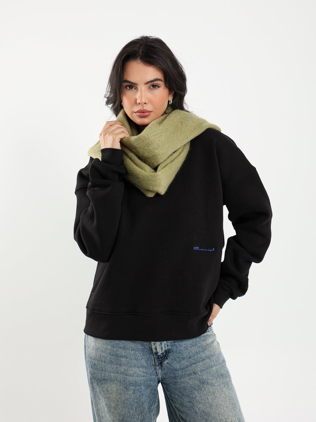 WIDE WOOL BLEND SCARF - OLIVE