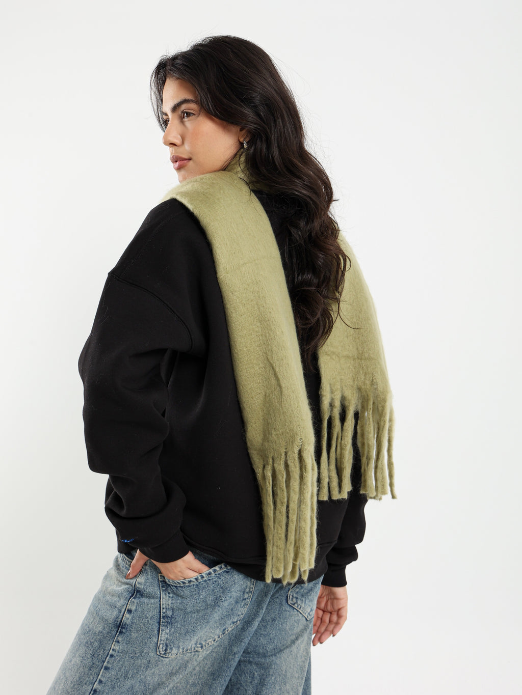 WIDE WOOL BLEND SCARF - OLIVE