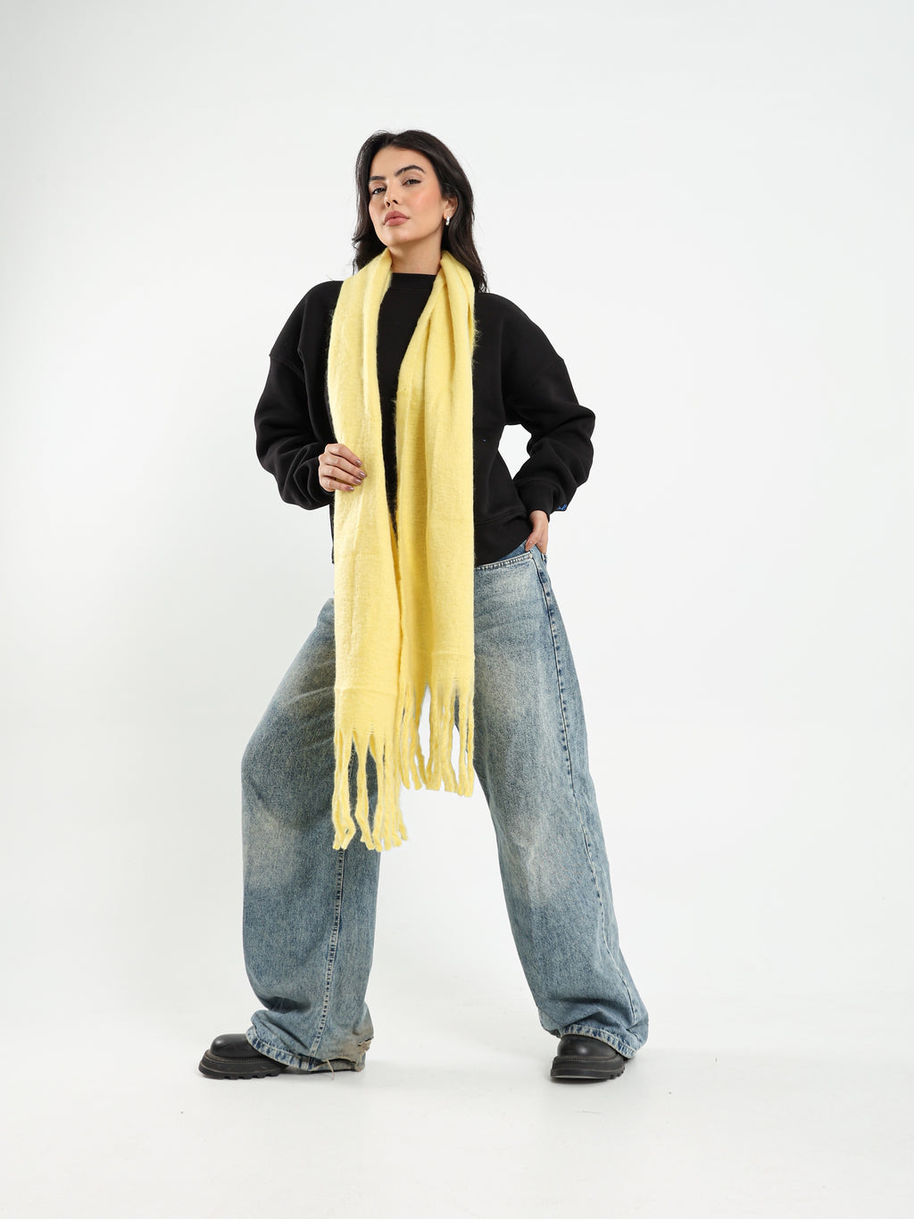WIDE WOOL BLEND SCARF - YELLOW