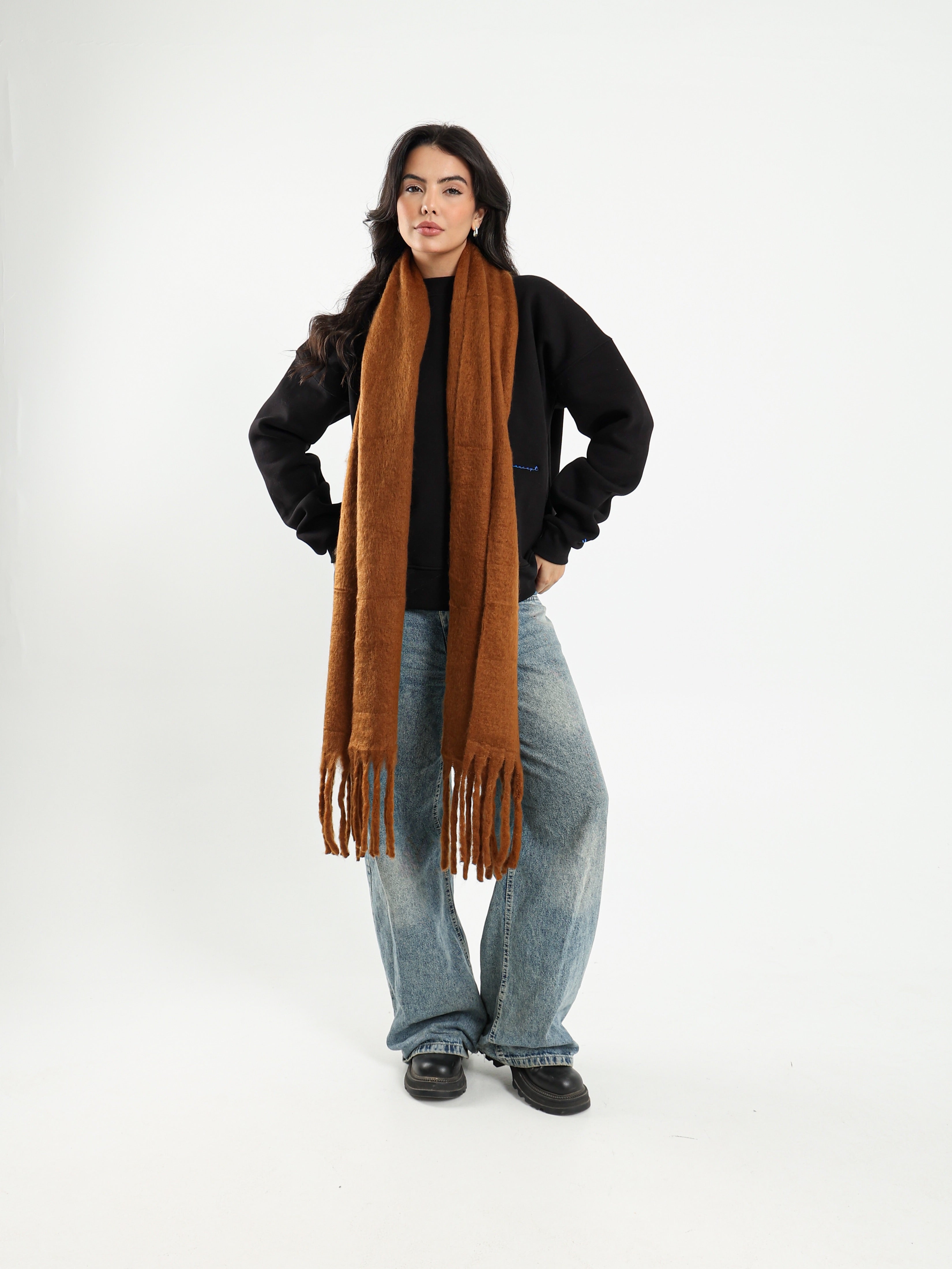 WIDE WOOL BLEND SCARF - BROWN