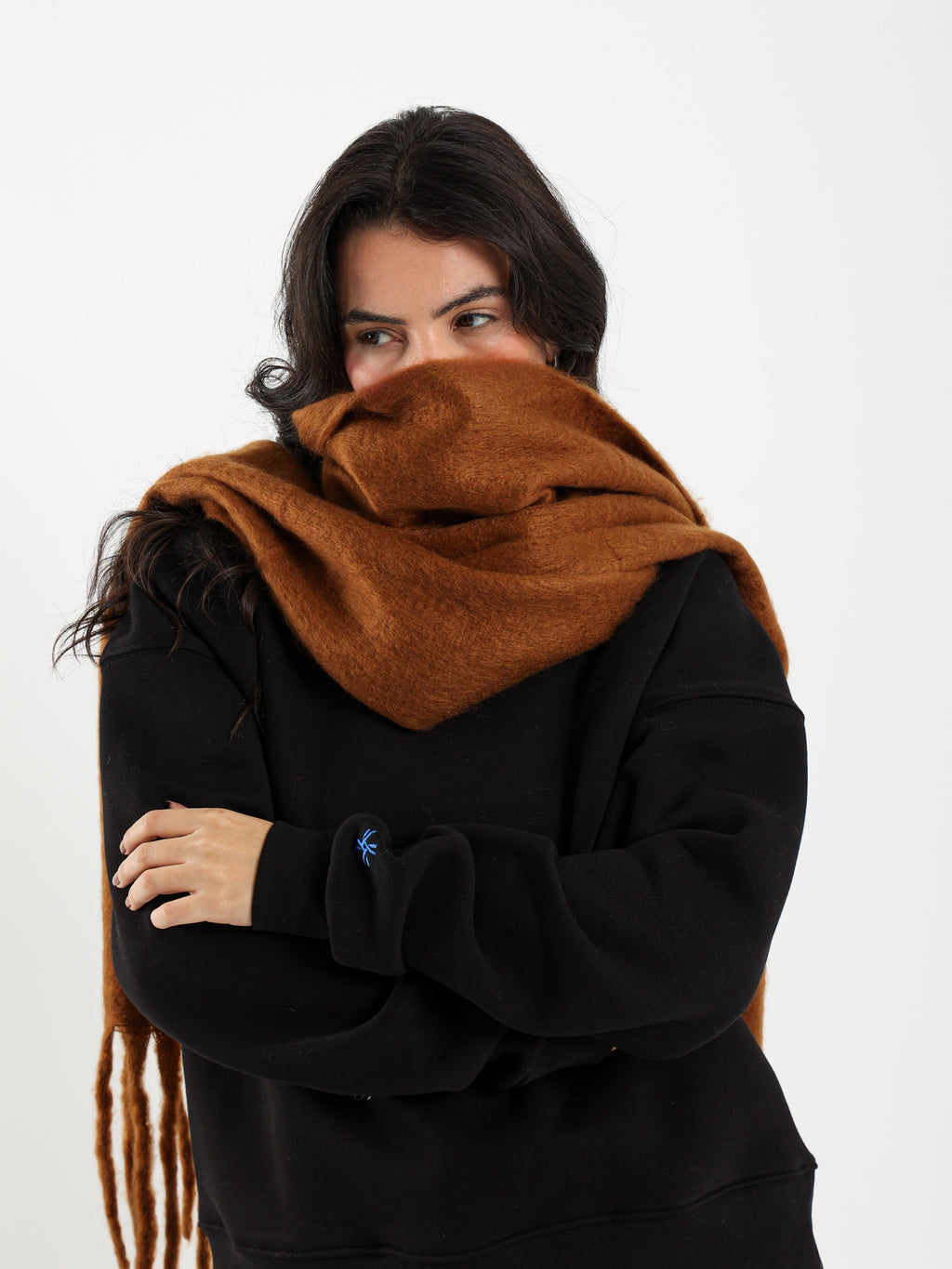 WIDE WOOL BLEND SCARF - BROWN
